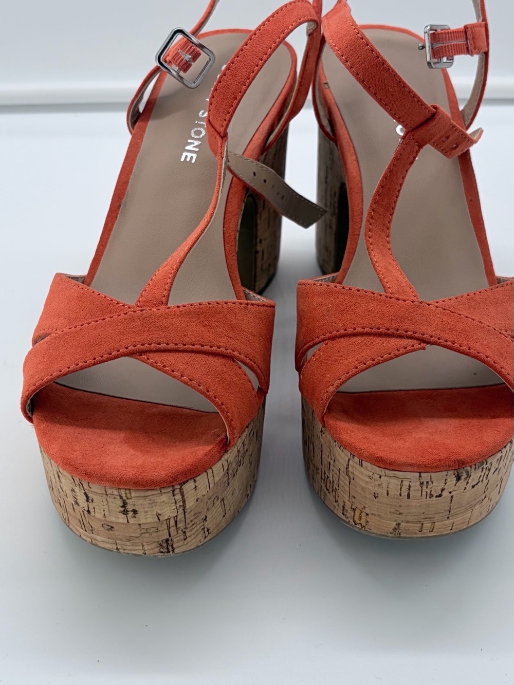 Sun + Stone Orange Suede Cork Platform Sandals